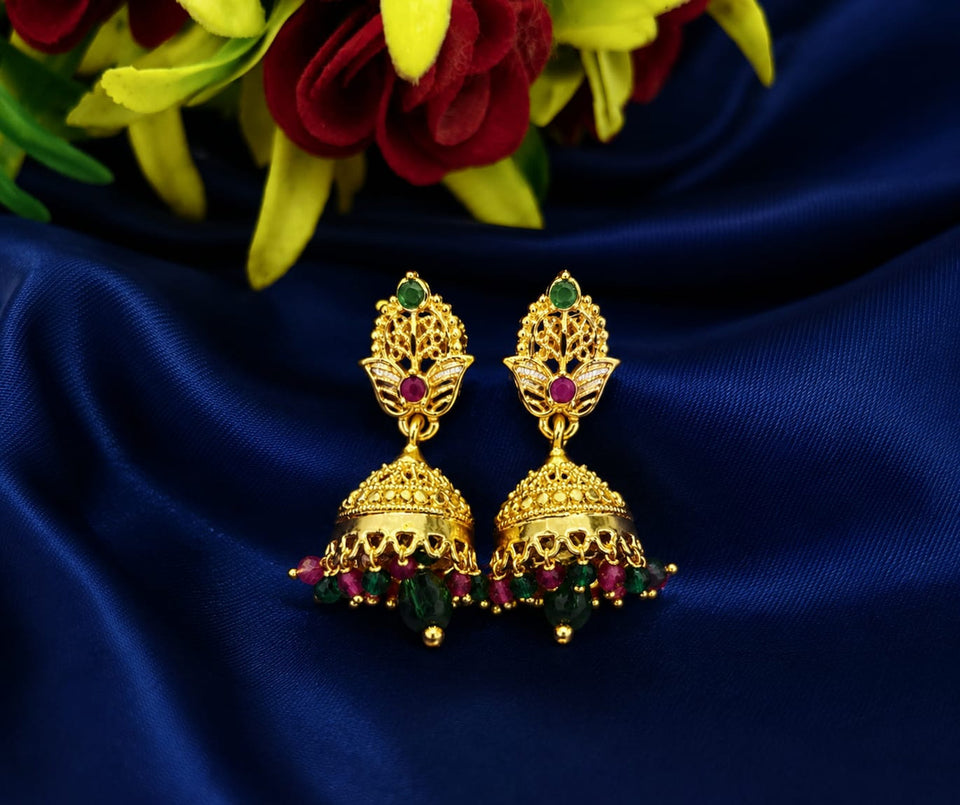 Traditional Gold Plated CZ Stone Jhumka Earrings for Women | Green Ruby White Stone Ethnic Drop Earrings | Lightweight Bridal Wedding Festival Jewellery