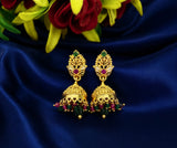 Traditional Gold Plated CZ Stone Jhumka Earrings for Women | Green Ruby White Stone Ethnic Drop Earrings | Lightweight Bridal Wedding Festival Jewellery