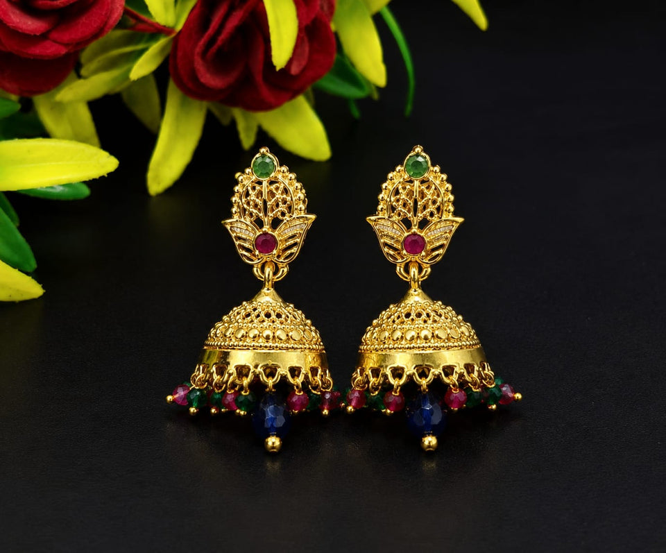 Traditional Gold Plated CZ Stone Jhumka Earrings for Women | Green Ruby White Stone Ethnic Drop Earrings | Lightweight Bridal Wedding Festival Jewellery