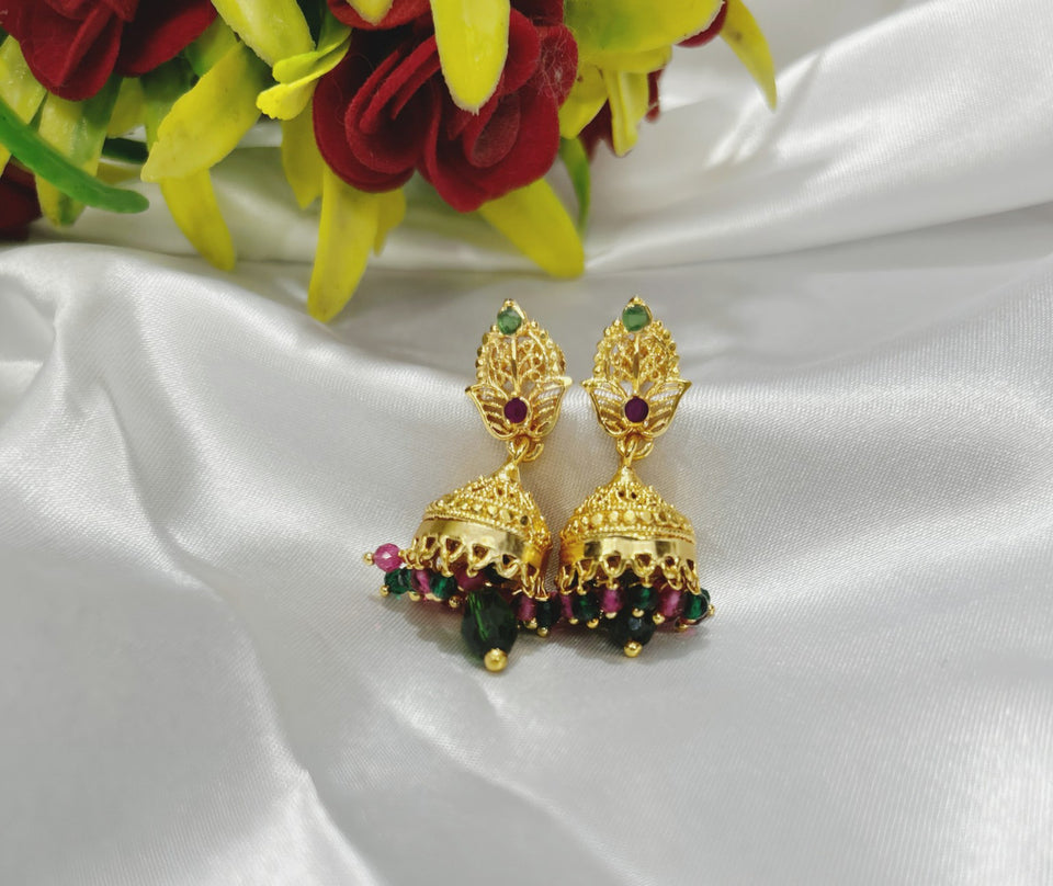 Traditional Gold Plated CZ Stone Jhumka Earrings for Women | Green Ruby White Stone Ethnic Drop Earrings | Lightweight Bridal Wedding Festival Jewellery