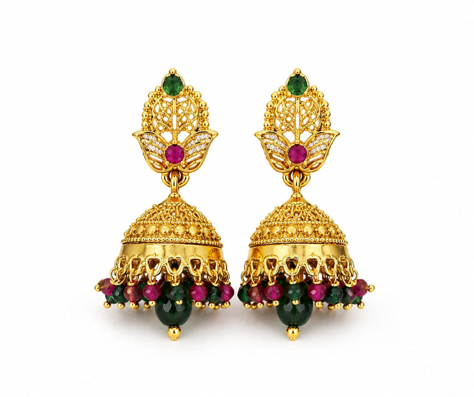 Traditional Gold Plated CZ Stone Jhumka Earrings for Women | Green Ruby White Stone Ethnic Drop Earrings | Lightweight Bridal Wedding Festival Jewellery