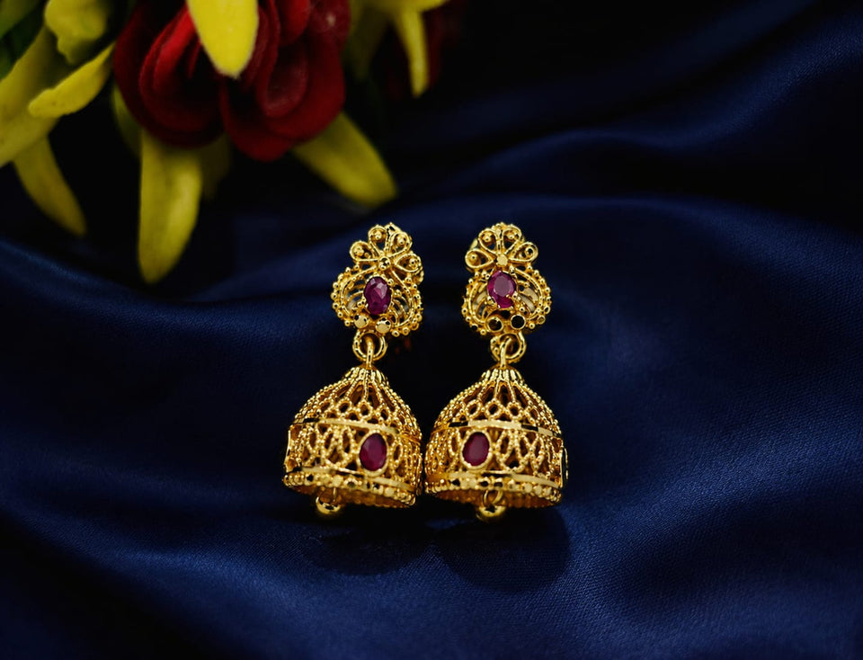 Premium Gold Finish Ruby Stone Jhumka Earrings for Women | Gold Plated Traditional Ethnic Drop Earrings | Lightweight Bridal Wedding Festival Party Wear Jewellery