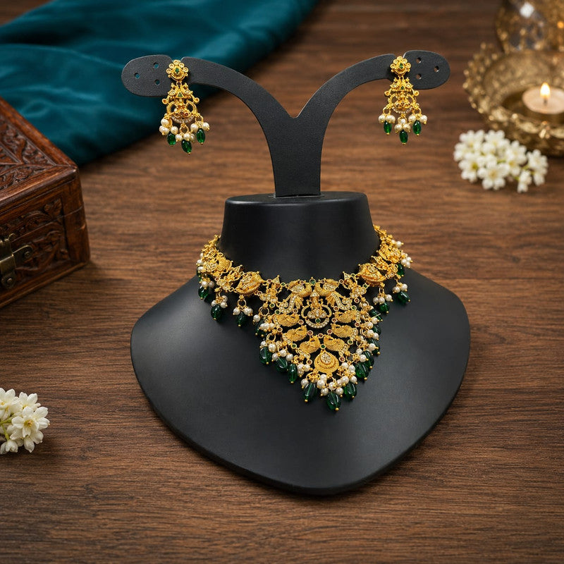 Velqine Premium Temple Necklace Set for Women | South Indian Gold Plated Bridal Jewellery Set with Matching Earrings | American Diamond, Green Beads & Pearl Drops