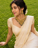 Velqine Premium Temple Necklace Set for Women | South Indian Gold Plated Bridal Jewellery Set with Matching Earrings | American Diamond, Green Beads & Pearl Drops