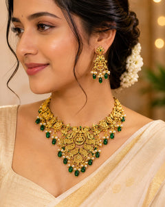 Velqine Premium Temple Necklace Set for Women | South Indian Gold Plated Bridal Jewellery Set with Matching Earrings | American Diamond, Green Beads & Pearl Drops
