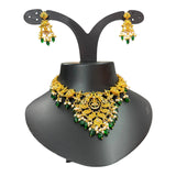 Velqine Premium Temple Necklace Set for Women | South Indian Gold Plated Bridal Jewellery Set with Matching Earrings | American Diamond, Green Beads & Pearl Drops