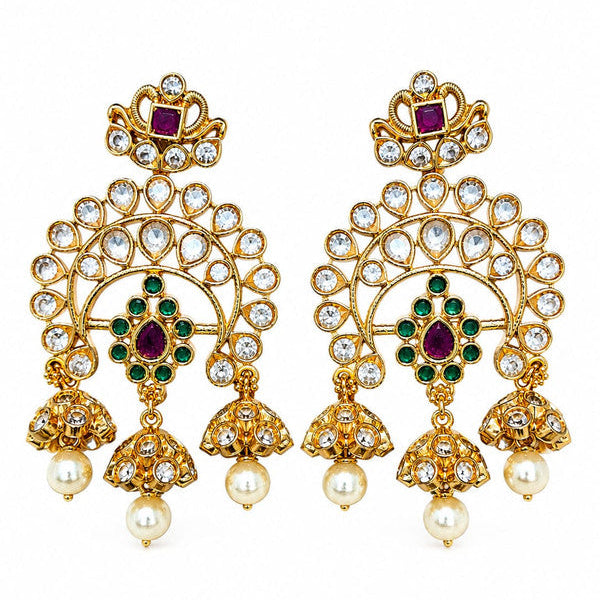 Traditional Kundan Chandbali Earrings for Women | Gold Plated Pearl Drop Earrings with Green & Ruby CZ Stones | Ethnic Bridal Wedding Party Jewelry