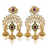 Traditional Kundan Chandbali Earrings for Women | Gold Plated Pearl Drop Earrings with Green & Ruby CZ Stones | Ethnic Bridal Wedding Party Jewelry