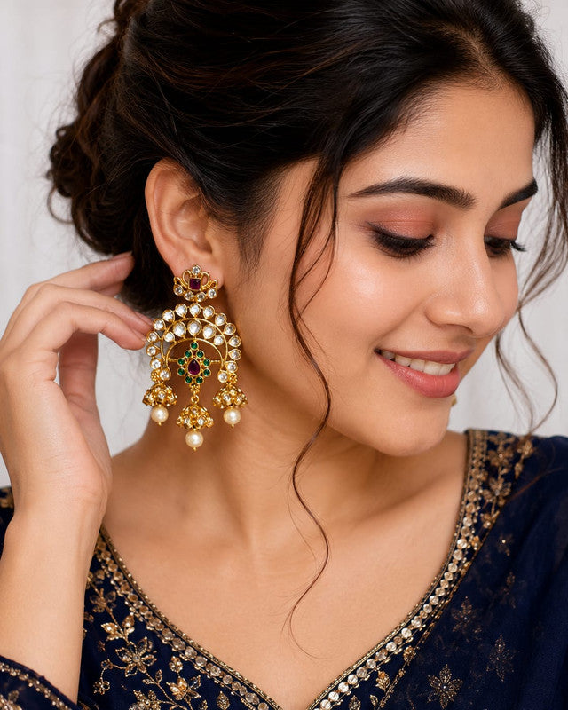 Traditional Kundan Chandbali Earrings for Women | Gold Plated Pearl Drop Earrings with Green & Ruby CZ Stones | Ethnic Bridal Wedding Party Jewelry