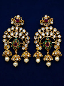 Traditional Kundan Chandbali Earrings for Women | Gold Plated Pearl Drop Earrings with Green & Ruby CZ Stones | Ethnic Bridal Wedding Party Jewelry