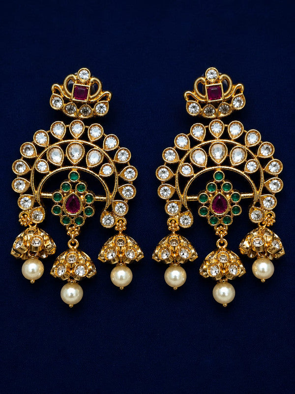Traditional Kundan Chandbali Earrings for Women | Gold Plated Pearl Drop Earrings with Green & Ruby CZ Stones | Ethnic Bridal Wedding Party Jewelry