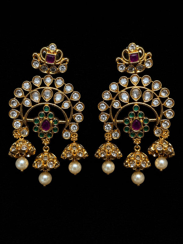 Traditional Kundan Chandbali Earrings for Women | Gold Plated Pearl Drop Earrings with Green & Ruby CZ Stones | Ethnic Bridal Wedding Party Jewelry