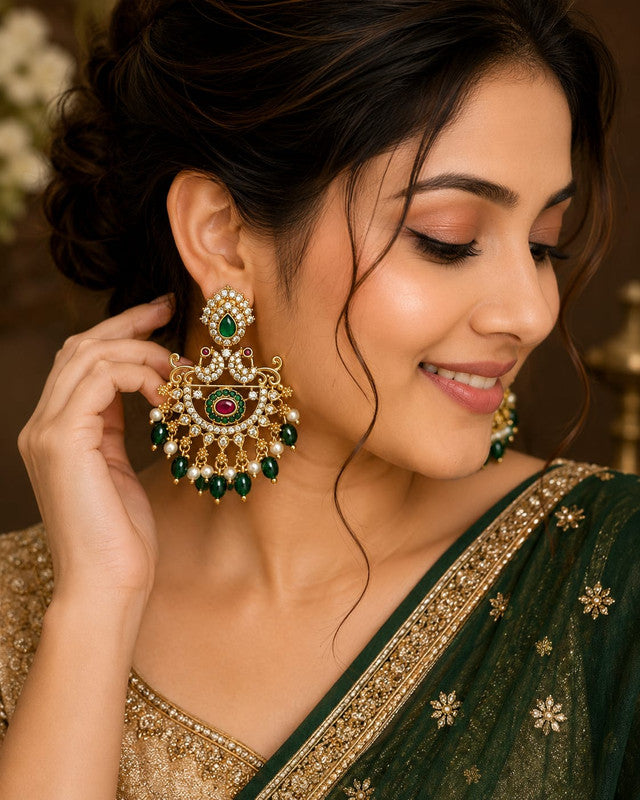 Premium CZ Chandbali Drop Earrings for Women Gold Plated Ethnic Bridal Earrings with Green Beads Pearl Drops Ruby Stone Traditional Jewelry for Wedding Party Festive Wear