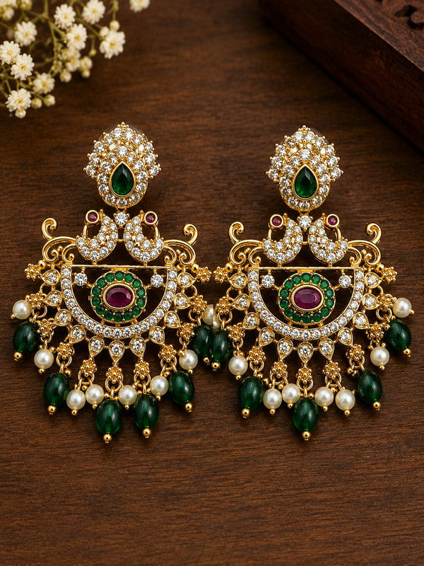 Premium CZ Chandbali Drop Earrings for Women Gold Plated Ethnic Bridal Earrings with Green Beads Pearl Drops Ruby Stone Traditional Jewelry for Wedding Party Festive Wear