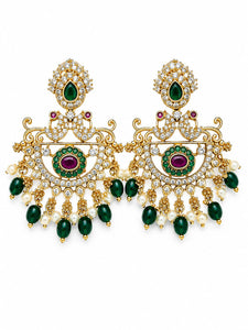 Premium CZ Chandbali Drop Earrings for Women Gold Plated Ethnic Bridal Earrings with Green Beads Pearl Drops Ruby Stone Traditional Jewelry for Wedding Party Festive Wear