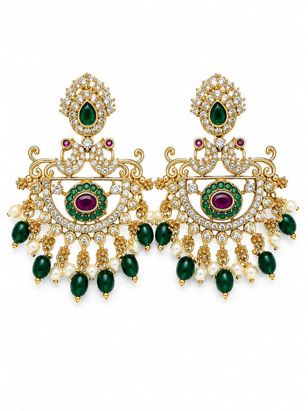 Premium CZ Chandbali Drop Earrings for Women Gold Plated Ethnic Bridal Earrings with Green Beads Pearl Drops Ruby Stone Traditional Jewelry for Wedding Party Festive Wear