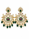 Premium CZ Chandbali Drop Earrings for Women Gold Plated Ethnic Bridal Earrings with Green Beads Pearl Drops Ruby Stone Traditional Jewelry for Wedding Party Festive Wear