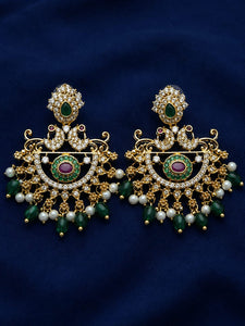 Premium CZ Chandbali Drop Earrings for Women Gold Plated Ethnic Bridal Earrings with Green Beads Pearl Drops Ruby Stone Traditional Jewelry for Wedding Party Festive Wear