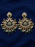 Premium CZ Chandbali Drop Earrings for Women Gold Plated Ethnic Bridal Earrings with Green Beads Pearl Drops Ruby Stone Traditional Jewelry for Wedding Party Festive Wear