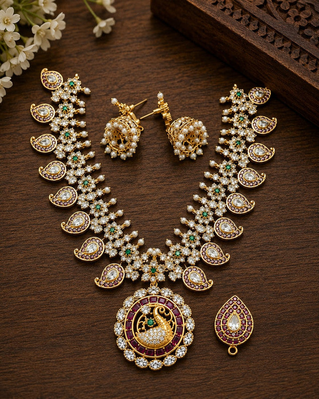 Peacock Pendant CZ Necklace Set for Women Gold Plated Bridal Jewelry Set with American Diamonds Pearl Beads Green Ruby Stones Wedding Festive Wear