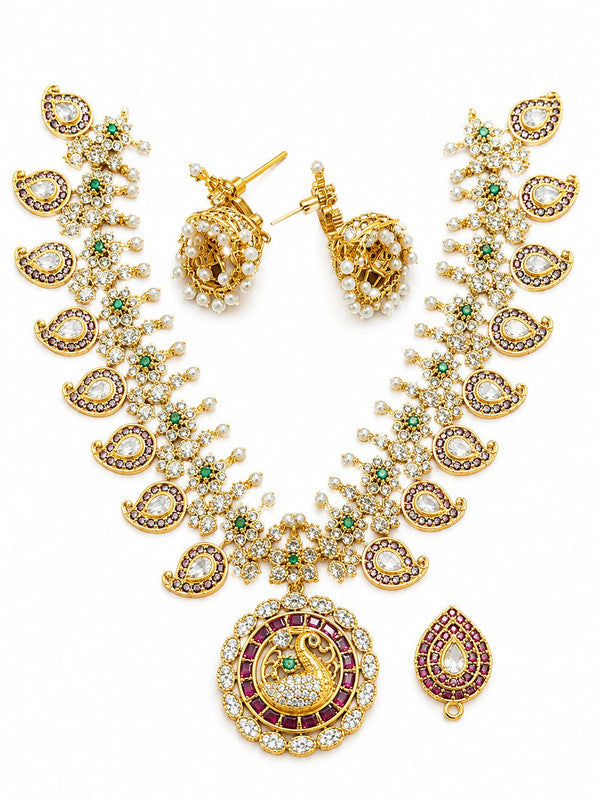 Peacock Pendant CZ Necklace Set for Women Gold Plated Bridal Jewelry Set with American Diamonds Pearl Beads Green Ruby Stones Wedding Festive Wear
