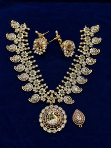 Peacock Pendant CZ Necklace Set for Women Gold Plated Bridal Jewelry Set with American Diamonds Pearl Beads Green Ruby Stones Wedding Festive Wear