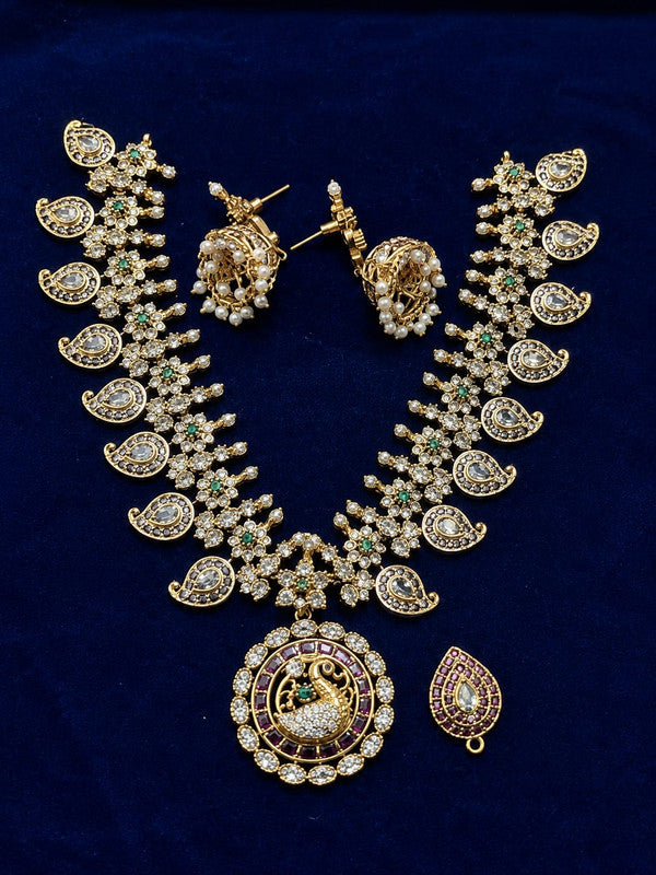 Peacock Pendant CZ Necklace Set for Women Gold Plated Bridal Jewelry Set with American Diamonds Pearl Beads Green Ruby Stones Wedding Festive Wear