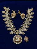Peacock Pendant CZ Necklace Set for Women Gold Plated Bridal Jewelry Set with American Diamonds Pearl Beads Green Ruby Stones Wedding Festive Wear