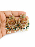 Premium Butterfly Chandbali Jhumka Earrings for Women | Gold Plated American Diamond Chandbali with Green Crystal & Pearl Beads | Designer Ethnic Wedding, Festive & Party Wear Jewellery