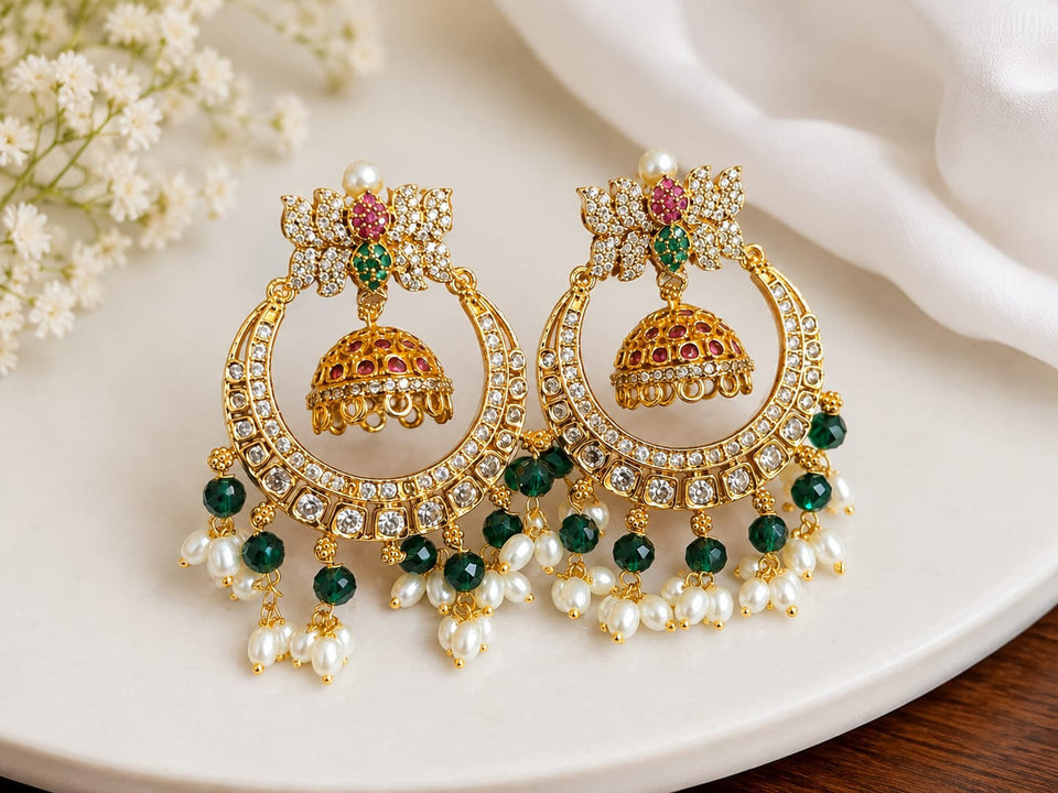 Premium Butterfly Chandbali Jhumka Earrings for Women | Gold Plated American Diamond Chandbali with Green Crystal & Pearl Beads | Designer Ethnic Wedding, Festive & Party Wear Jewellery