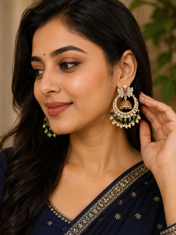 Premium Butterfly Chandbali Jhumka Earrings for Women | Gold Plated American Diamond Chandbali with Green Crystal & Pearl Beads | Designer Ethnic Wedding, Festive & Party Wear Jewellery