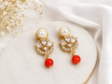 Elegant Pearl Crystal Stud Earrings for Women | Gold Plated American Diamond Floral Stud Earrings with Pearl & Red Bead Drop | Lightweight Party, Office, Daily & Festive Wear Jewellery