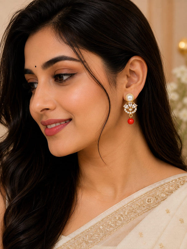 Elegant Pearl Crystal Stud Earrings for Women | Gold Plated American Diamond Floral Stud Earrings with Pearl & Red Bead Drop | Lightweight Party, Office, Daily & Festive Wear Jewellery