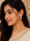 Elegant Pearl Crystal Stud Earrings for Women | Gold Plated American Diamond Floral Stud Earrings with Pearl & Red Bead Drop | Lightweight Party, Office, Daily & Festive Wear Jewellery