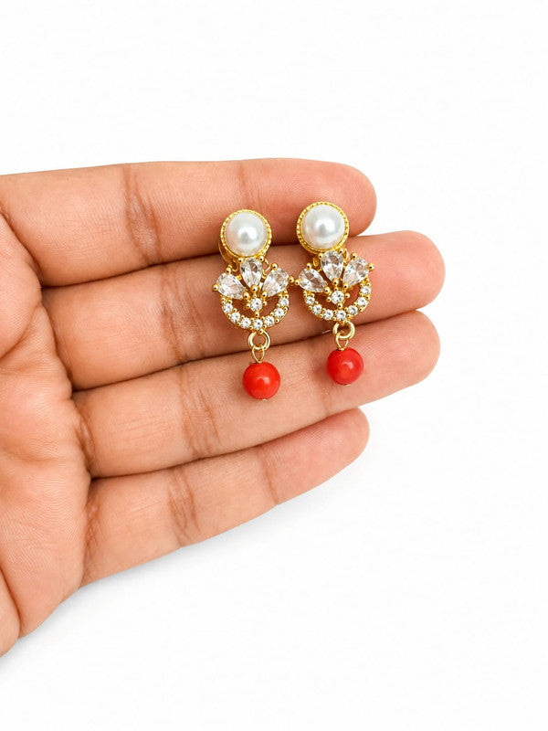 Elegant Pearl Crystal Stud Earrings for Women | Gold Plated American Diamond Floral Stud Earrings with Pearl & Red Bead Drop | Lightweight Party, Office, Daily & Festive Wear Jewellery