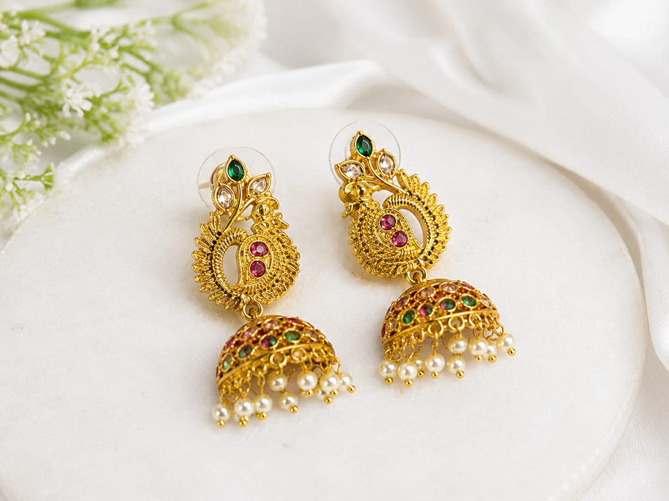 Traditional Peacock Jhumka Earrings for Women | Gold Plated American Diamond & Pearl Beaded Ethnic Earrings | Green & Ruby Pink Stone Designer Jhumki | Wedding, Festive & Party Wear Jewellery