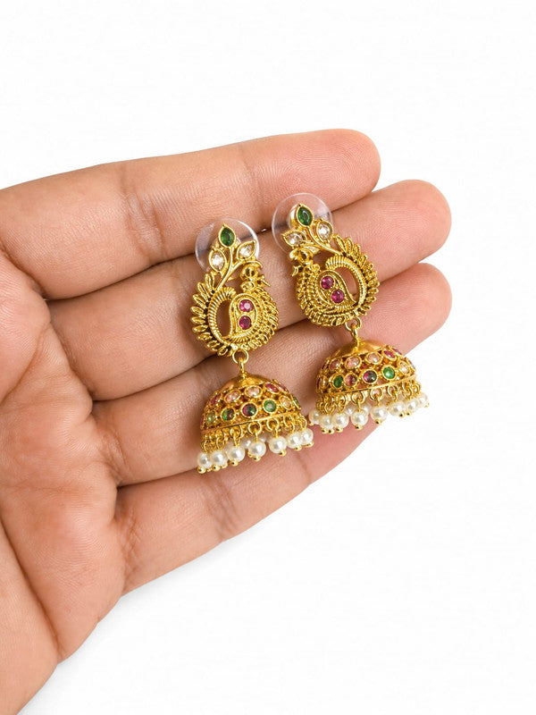 Traditional Peacock Jhumka Earrings for Women | Gold Plated American Diamond & Pearl Beaded Ethnic Earrings | Green & Ruby Pink Stone Designer Jhumki | Wedding, Festive & Party Wear Jewellery