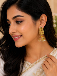 Traditional Peacock Jhumka Earrings for Women | Gold Plated American Diamond & Pearl Beaded Ethnic Earrings | Green & Ruby Pink Stone Designer Jhumki | Wedding, Festive & Party Wear Jewellery