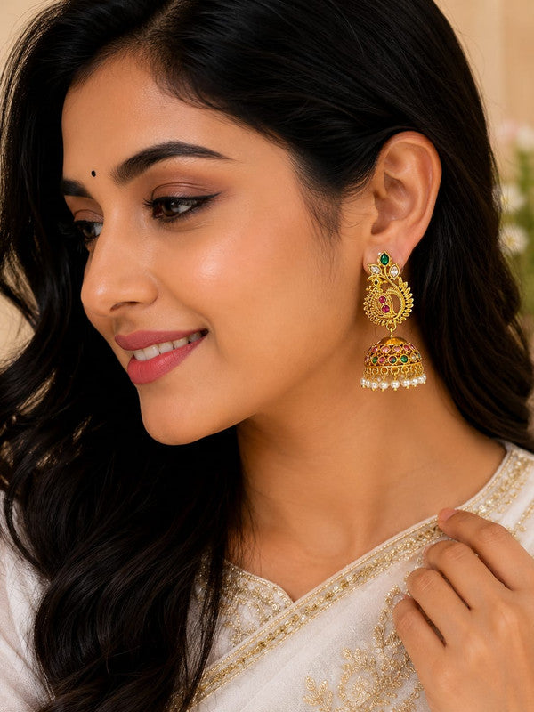 Traditional Peacock Jhumka Earrings for Women | Gold Plated American Diamond & Pearl Beaded Ethnic Earrings | Green & Ruby Pink Stone Designer Jhumki | Wedding, Festive & Party Wear Jewellery
