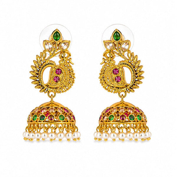 Traditional Peacock Jhumka Earrings for Women | Gold Plated American Diamond & Pearl Beaded Ethnic Earrings | Green & Ruby Pink Stone Designer Jhumki | Wedding, Festive & Party Wear Jewellery