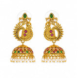 Traditional Peacock Jhumka Earrings for Women | Gold Plated American Diamond & Pearl Beaded Ethnic Earrings | Green & Ruby Pink Stone Designer Jhumki | Wedding, Festive & Party Wear Jewellery