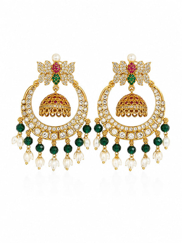 Premium Butterfly Chandbali Jhumka Earrings for Women | Gold Plated American Diamond Chandbali with Green Crystal & Pearl Beads | Designer Ethnic Wedding, Festive & Party Wear Jewellery