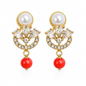 Elegant Pearl Crystal Stud Earrings for Women | Gold Plated American Diamond Floral Stud Earrings with Pearl & Red Bead Drop | Lightweight Party, Office, Daily & Festive Wear Jewellery