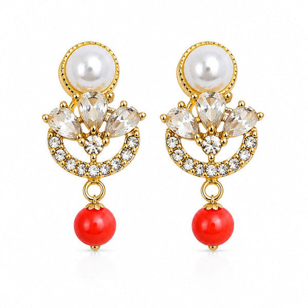 Elegant Pearl Crystal Stud Earrings for Women | Gold Plated American Diamond Floral Stud Earrings with Pearl & Red Bead Drop | Lightweight Party, Office, Daily & Festive Wear Jewellery