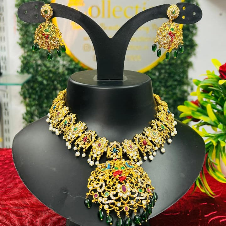 Elegant 1 Gram Gold Plated Bridal Necklace Set with Green Drops
