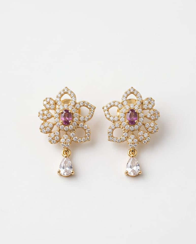 Gold Finish Floral CZ Stud Earrings with Ruby Stone & Teardrop Dangling Crystal