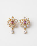 Gold Finish Floral CZ Stud Earrings with Ruby Stone & Teardrop Dangling Crystal