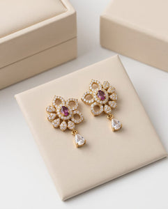 Gold Finish Floral CZ Stud Earrings with Ruby Stone & Teardrop Dangling Crystal