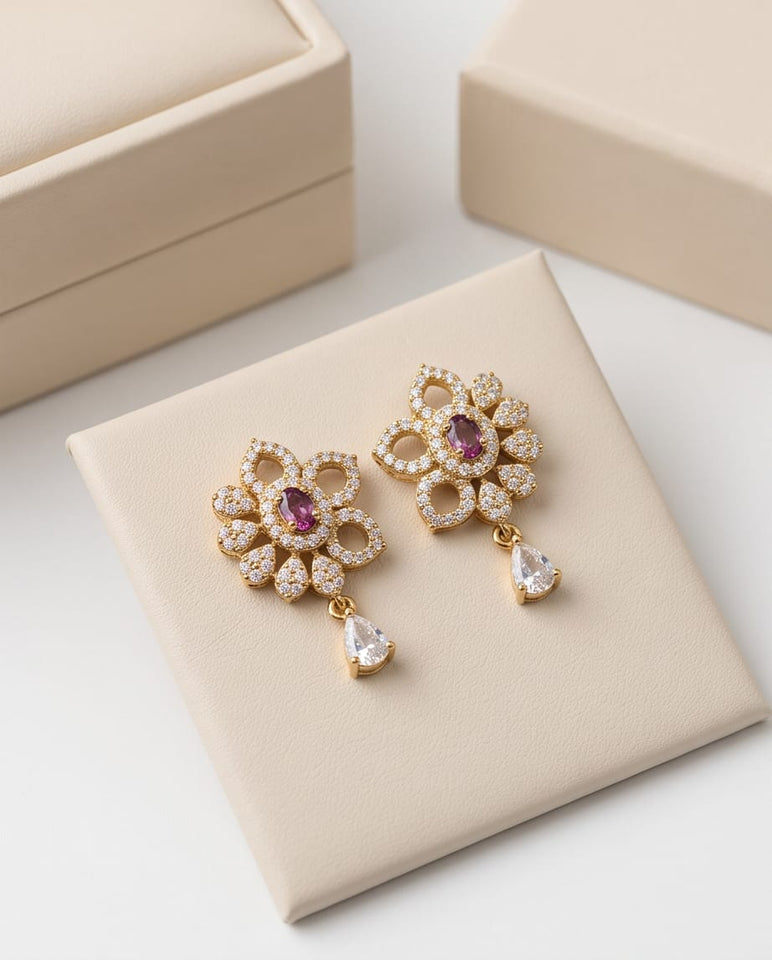 Gold Finish Floral CZ Stud Earrings with Ruby Stone & Teardrop Dangling Crystal