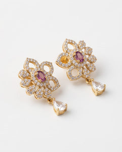 Gold Finish Floral CZ Stud Earrings with Ruby Stone & Teardrop Dangling Crystal